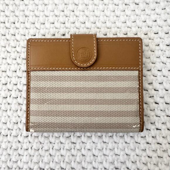 Fendi Vintage Beige Off White Tan Striped Bifold Card Wallet Snap Button READ - Picture 1 of 11